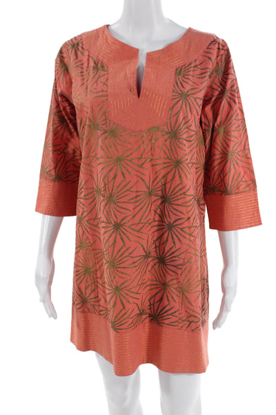 Gretchen Scott Womens Kaftan Dress Orange Floral 3/4 Sleeve Cotton Short Size M