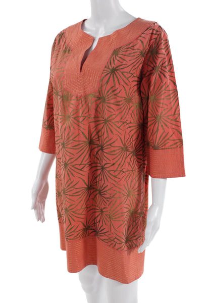 Gretchen Scott Womens Kaftan Dress Orange Floral 3/4 Sleeve Cotton Short Size M