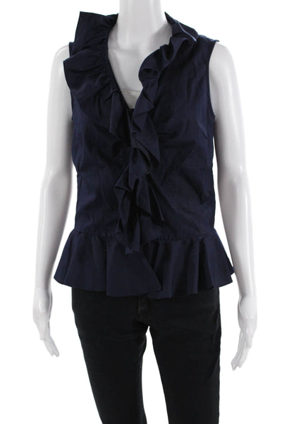 Lauren Ralph Lauren Womens Cotton Ruffled Collared Wrap Blouse Top Navy Size 4