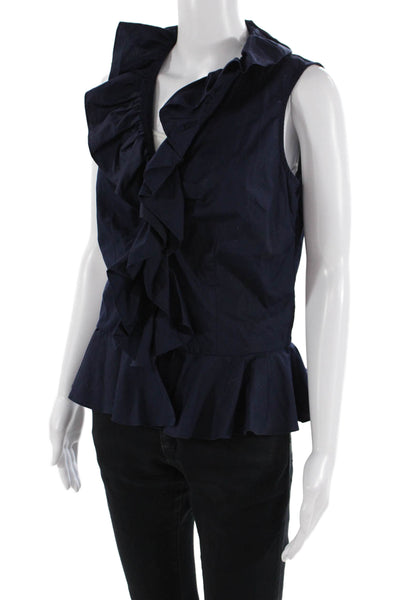 Lauren Ralph Lauren Womens Cotton Ruffled Collared Wrap Blouse Top Navy Size 4