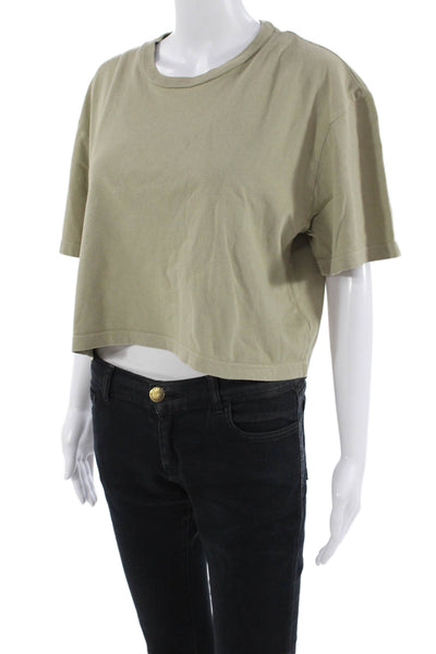 Agolde Womens Cropped Basic T-Shirt Beige Crew Neck Button Short Sleeve Size M