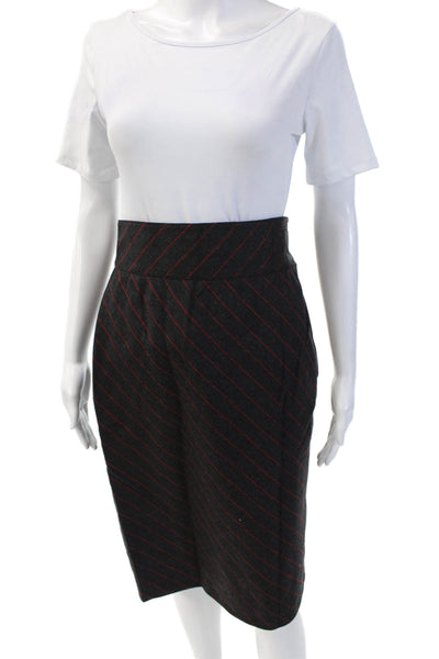 Escada Womens Side Zip Striped Knee Length Pencil Skirt Gray Red Wool IT 38