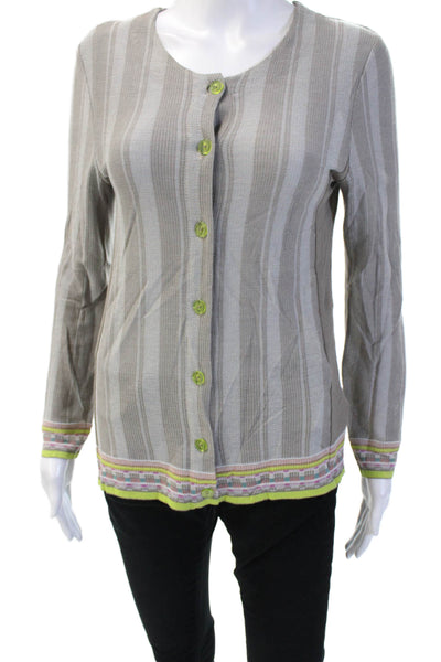 Catherine Andre Womens Button Up V Neck Striped Knit Cardigan Sweater Gray Large