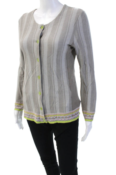 Catherine Andre Womens Button Up V Neck Striped Knit Cardigan Sweater Gray Large