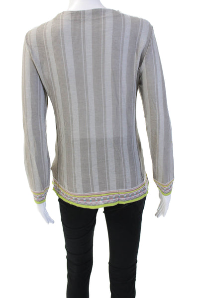 Catherine Andre Womens Button Up V Neck Striped Knit Cardigan Sweater Gray Large