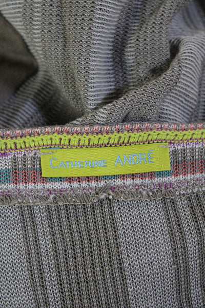 Catherine Andre Womens Button Up V Neck Striped Knit Cardigan Sweater Gray Large