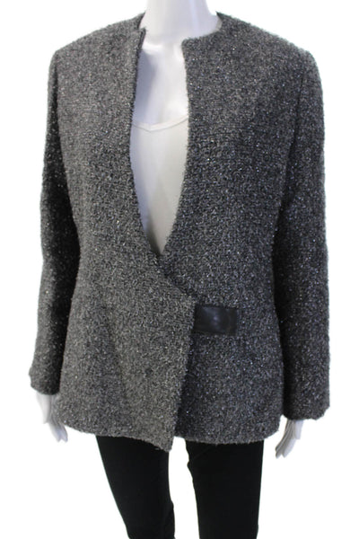 Douglas Hannant Womens Single Button V Neck Metallic Knit Jacket Gray Size 10