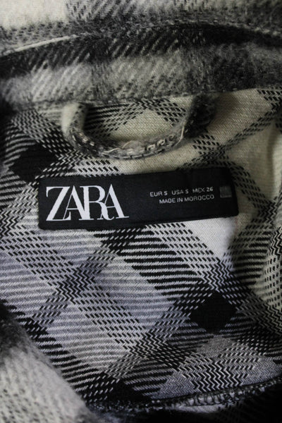 Zara Womens Plaid Button Down Long Sleeves Shirt White Black Size Small