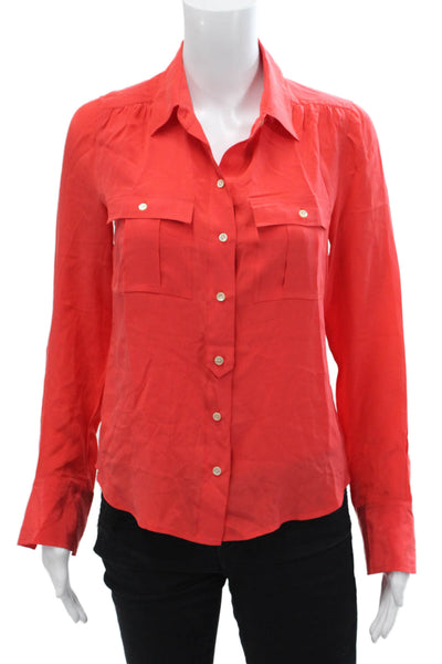 J Crew Womens Button Front Long Sleeve Collared Silk Shirt Red Size 0