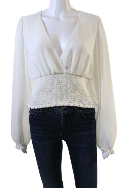 Wilfred Womens Sheer Long Sleeve V-Neck Smocked Waist Blouse Cream Size L