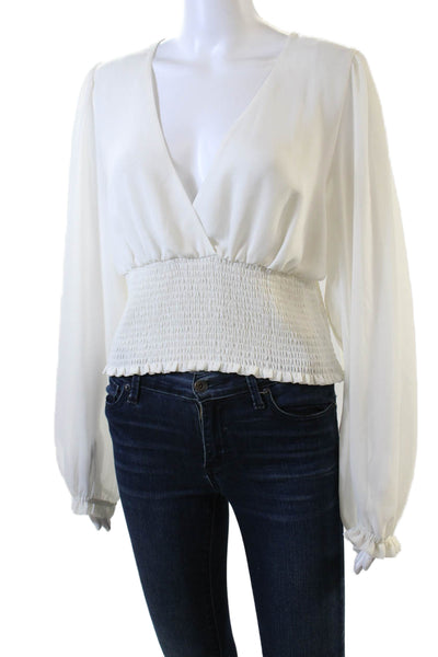 Wilfred Womens Sheer Long Sleeve V-Neck Smocked Waist Blouse Cream Size L