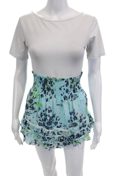 Ramy Brook Womens Silk Floral Print Pull On A Line Skirt Blue Size Large