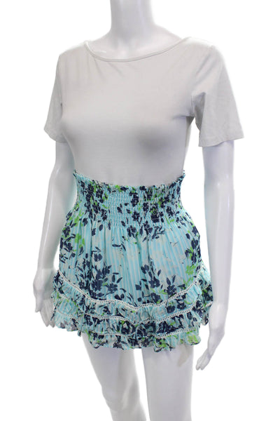 Ramy Brook Womens Silk Floral Print Pull On A Line Skirt Blue Size Large
