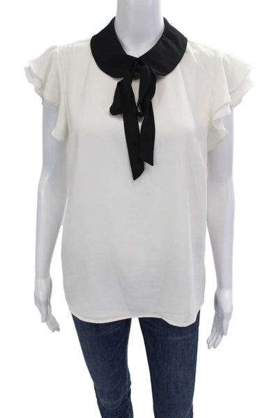 CeCe Womens Tie Neck Short Sleeves Blouse White Black Size Medium