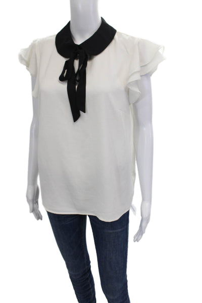 CeCe Womens Tie Neck Short Sleeves Blouse White Black Size Medium