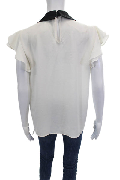 CeCe Womens Tie Neck Short Sleeves Blouse White Black Size Medium