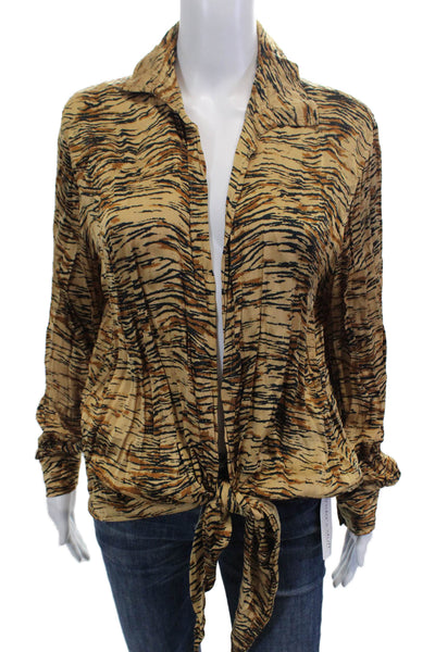 Indah Womens Tiger Print Button Down Blouse Brown Black Size Medium