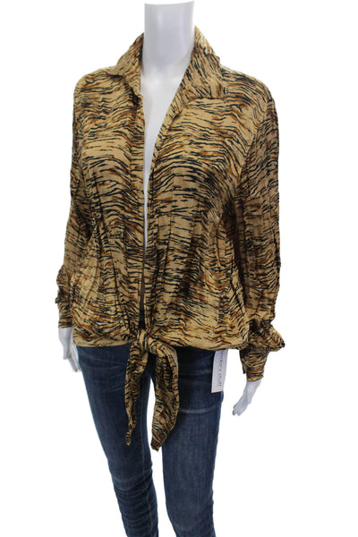 Indah Womens Tiger Print Button Down Blouse Brown Black Size Medium