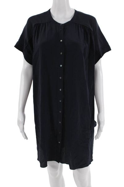Calypso Saint Barth, Women Shirt Dress Dark Blue Silk Short Sleeve Size S