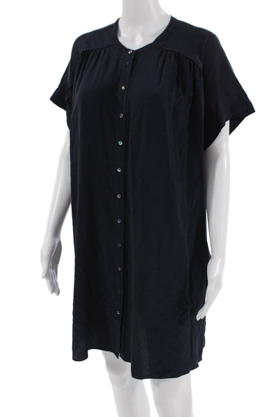 Calypso Saint Barth, Women Shirt Dress Dark Blue Silk Short Sleeve Size S