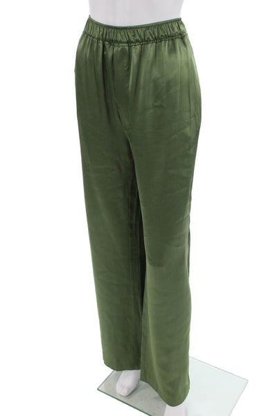 Zara Womens Satin Elastic Waist Wide Leg Pants Green Size XL