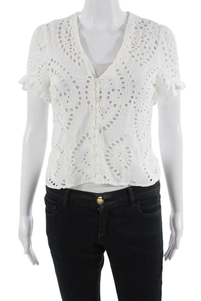 Zara Woman Womens Embroidered Short Sleeve Button Up Blouse Top White Size S