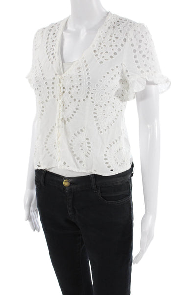 Zara Woman Womens Embroidered Short Sleeve Button Up Blouse Top White Size S