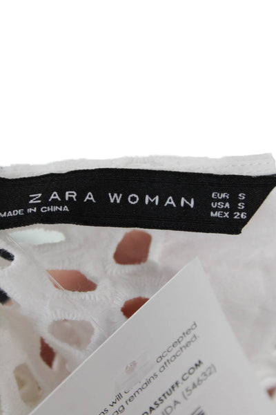 Zara Woman Womens Embroidered Short Sleeve Button Up Blouse Top White Size S