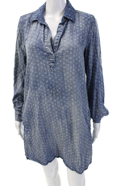 Bella Dahl Women Shirt Dress Blue Geometric Collared Long Sleeve Tencel Size S