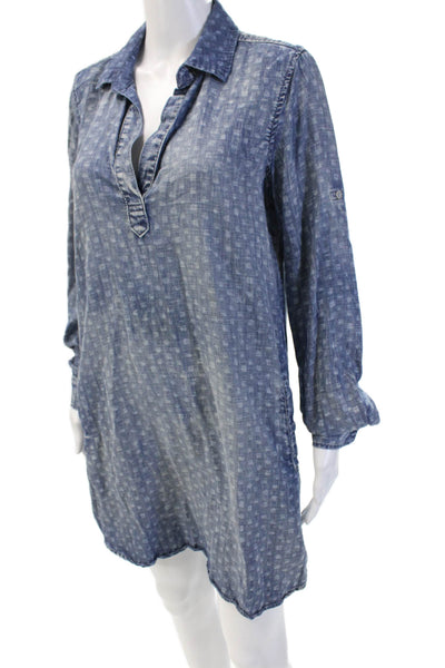 Bella Dahl Women Shirt Dress Blue Geometric Collared Long Sleeve Tencel Size S