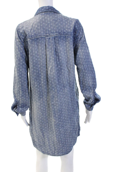 Bella Dahl Women Shirt Dress Blue Geometric Collared Long Sleeve Tencel Size S