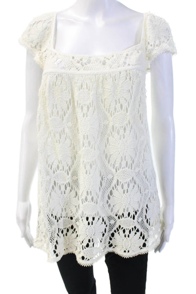 Milly Women's Short Sleeves Round Neck Crochet Blouse Cream Size 4