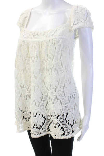 Milly Women's Short Sleeves Round Neck Crochet Blouse Cream Size 4
