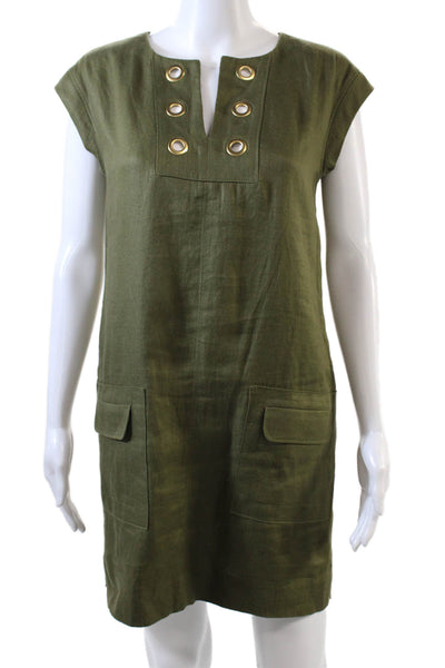 J Crew Women Shift Dress Army Green Short Sleeve Linen Knee Length Size 4P