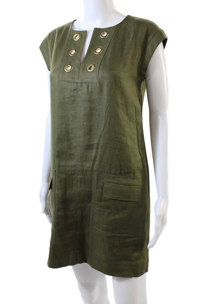 J Crew Women Shift Dress Army Green Short Sleeve Linen Knee Length Size 4P