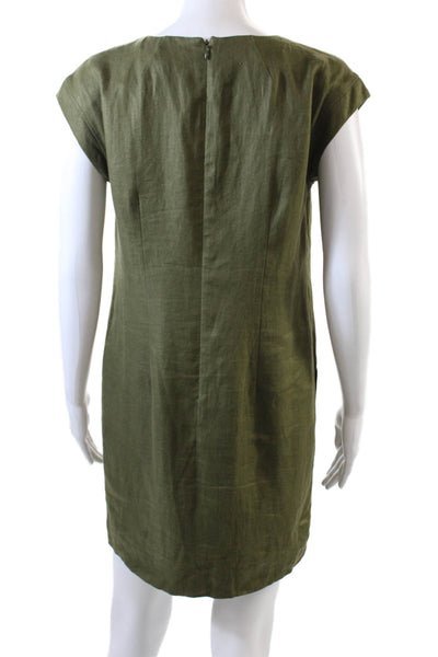 J Crew Women Shift Dress Army Green Short Sleeve Linen Knee Length Size 4P
