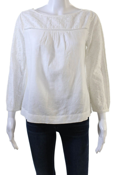 J Crew Womens Linen Eyelet Boat Neck Long Sleeve Blouse Top White Size 4P