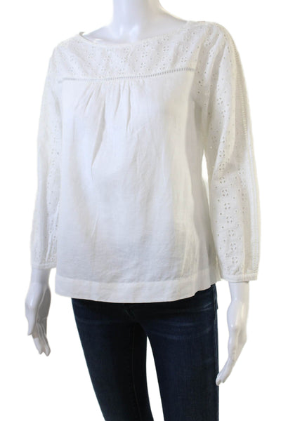 J Crew Womens Linen Eyelet Boat Neck Long Sleeve Blouse Top White Size 4P