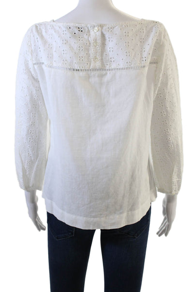 J Crew Womens Linen Eyelet Boat Neck Long Sleeve Blouse Top White Size 4P