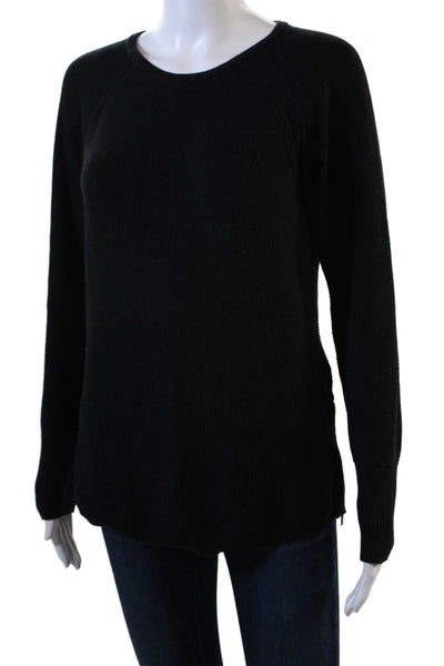 Athleta Womens Knit Crew Neck Side Zip Detail Long Sleeve Sweater Top Black Sz S