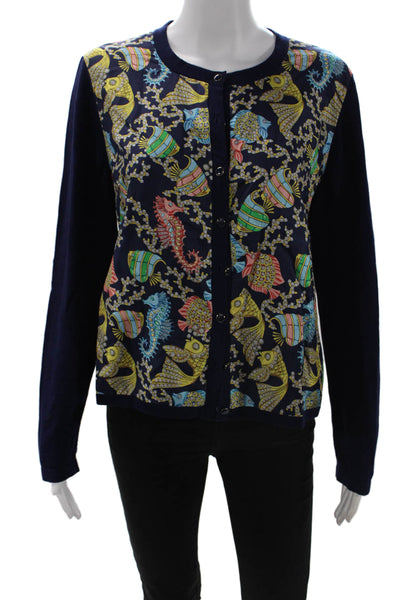 J. Mclaughlin Womens Fish Print Cardigan Sweater Navy Blue Cotton Size Large