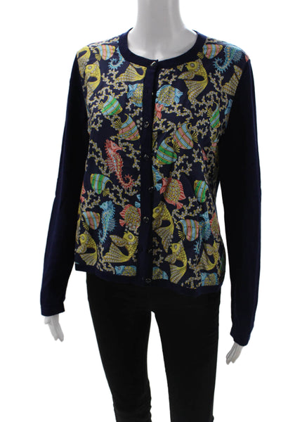 J. Mclaughlin Womens Fish Print Cardigan Sweater Navy Blue Cotton Size Large
