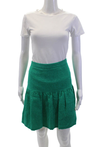 J Crew Womens Cotton Brocade Gathered Detail Zippered Skirt Teal Green Size 14
