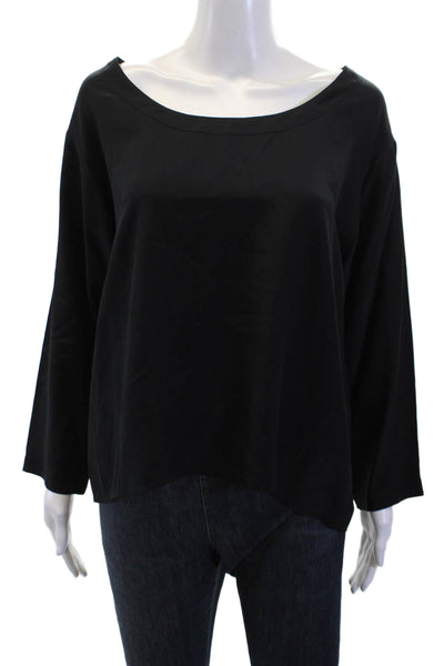Oscar de la Renta Women Black Silk Long Sleeve Round Neck Blouse Size 12