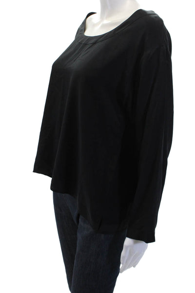 Oscar de la Renta Women Black Silk Long Sleeve Round Neck Blouse Size 12