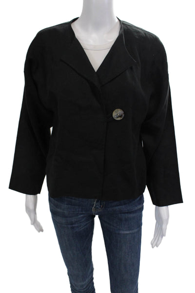 Elliott Lauren Womens Black Linen Blend Blazer Long Sleeve V-Neck Button Size M