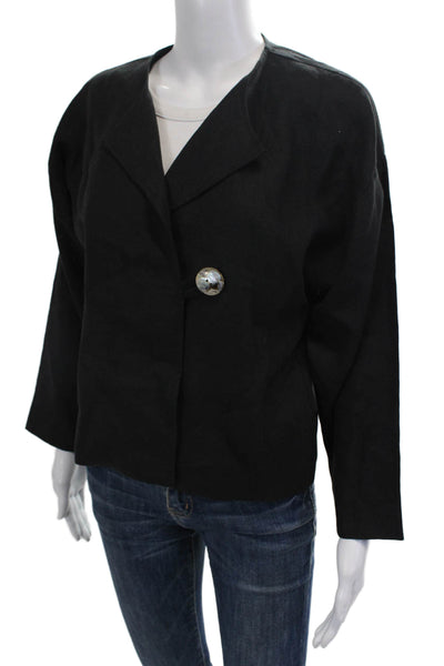 Elliott Lauren Womens Black Linen Blend Blazer Long Sleeve V-Neck Button Size M