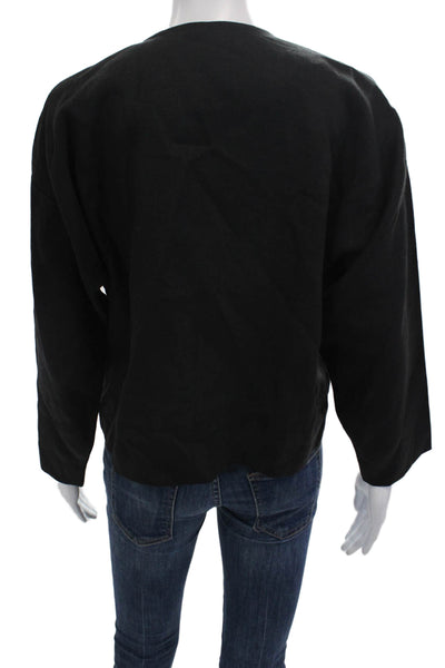 Elliott Lauren Womens Black Linen Blend Blazer Long Sleeve V-Neck Button Size M