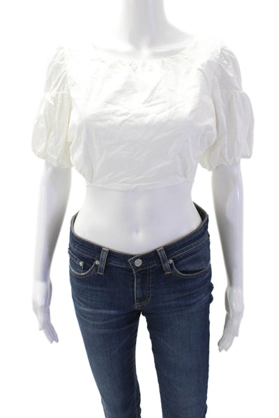 For Love & Lemons Women Cropped White Cotton Blouse Short Sleeve Size S