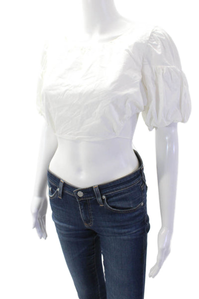 For Love & Lemons Women Cropped White Cotton Blouse Short Sleeve Size S